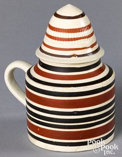 Mocha lidded pot, with brown and tan bands