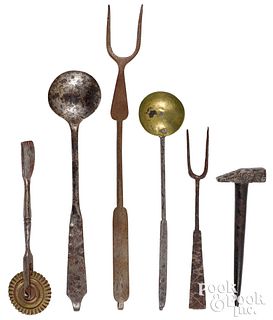 Six miniature wrought iron and brass utensils