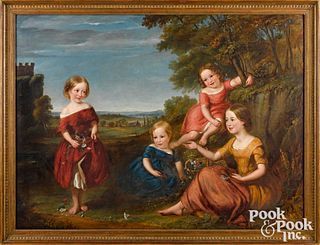English oil on canvas portrait of four children