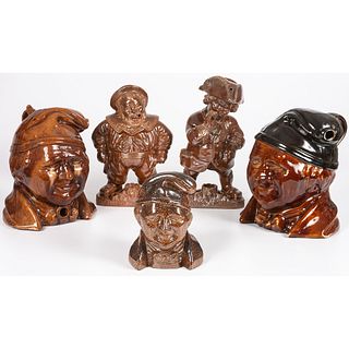 Five Figural Stoneware Tobacco Jars in Dark Brown Glaze