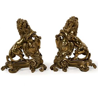 A Pair of Large Brass or Lion-Form Chenets