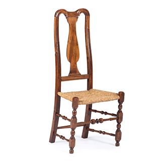 A Queen Anne Carved and Turned Maple Rush Seat Side Chair, Mid-Atlantic States