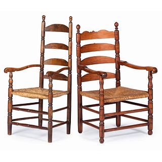 Two William and Mary Turned Maple Slat-Back Rush Seat Armchairs, New England, 18th Century 