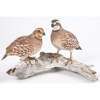 A Pair of Carved and Painted Wooden Bobwhite Quails by Cindy Lewis and Mark Holland