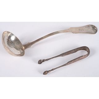 A Coin Silver Ladle and Tongs
