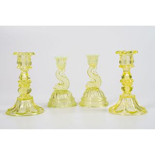 Four Vaseline Glass Candlesticks
