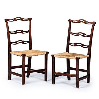 A Pair of Chippendale Carved Cherrywood Rush Seat Chairs, Likely New England, Circa 1800
