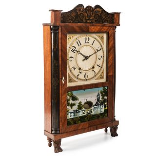 A Classical Parcel-Gilt and Ebonized Mahogany Églomisé Panel Inset 'Mount Vernon' Shelf Clock, Eli Terry Jr., Circa 1830