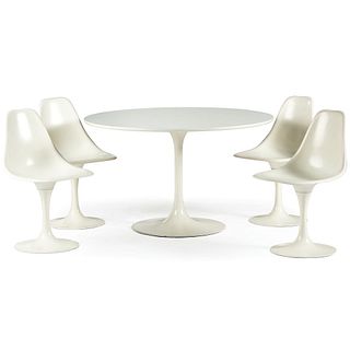 Burke Manufacturing Tulip Table and Five Matching Swivel Chairs in White, Circa 1962