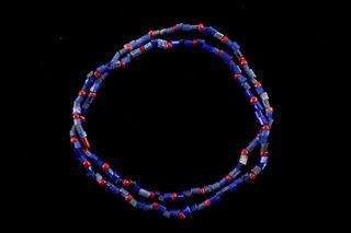 Cobalt Tublar & Red White Heart Bead Necklace.