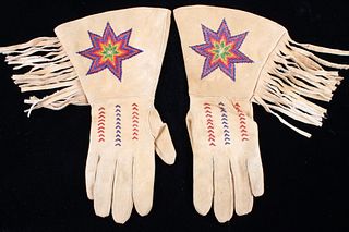 Montana Crow Beaded Tanned Hide Gauntlet Gloves