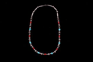 Navajo Turquoise Coral & Silver Bead Necklace