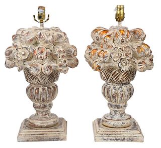 Pair of Carved and Painted Urn Form Table Lamps