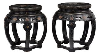 Pair Chinese Black Lacquered Polychrome Taborets 