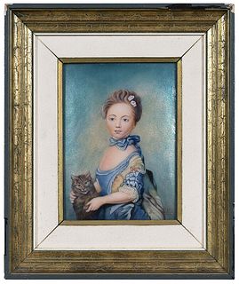 Faure Limoges Enamel Plaque, Young Girl and Cat