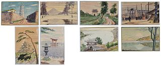 Group of Eight Hand Painted Japanese Postcards