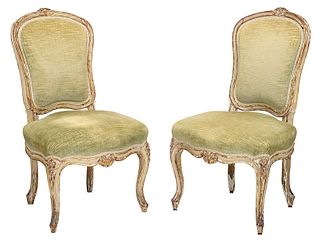 Pair Louis XV Painted Parcel Gilt Side Chairs
