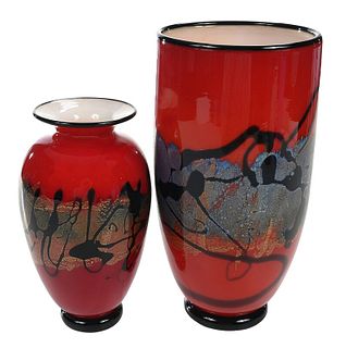 Two Michael Nourat Red Satin Studio Vases