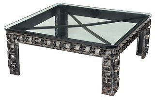 Modern Brutalist Iron and Glass Top Coffee Table