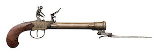 Engraved Brass Flintlock Blunderbuss Pistol with Spring Bayonet, ca 1800 
