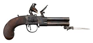 English Four-Barrel Flintlock Pistol with Spring Bayonet by Twigg 