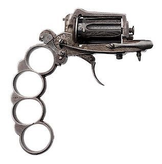 Engraved Belgian L. Dolne Apache-style “Knuckleduster” Revolver with Folding Dagger 
