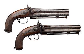 Very Rare Pair of Large Engraved French Over/Under Elliptical Barrel Percussion Pistols by Le Page, ca 1830-40 