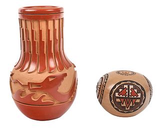 Santa Clara Carved Redware Jar and Seed Pot