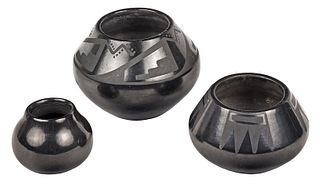 Three San Ildefonso Black on Black Pots