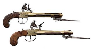 Pair of English Flintlock Brass Blunderbuss Pistols with Spring Bayonets by Lott 