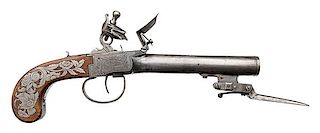 Continental Flintlock Elliptical Barrel Pistol with Spring Bayonet by J. Probin, ca 1800 
