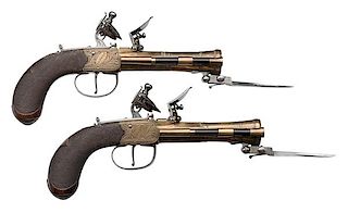 Beautiful Pair of Flintlock Cannon Barrel Pistols with Spring Bayonets, ca 1800 