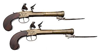 English Pair of Cannon Barrel Brass Flintlock Pistols with Spring Bayonets 
