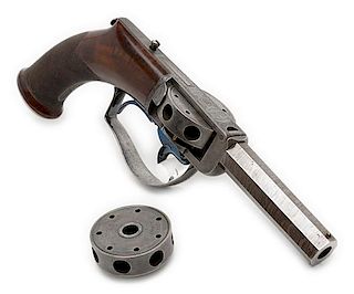 Scarce English Wilkinson & Son Seven-Shot Turret Underhammer Percussion Pistol with Very Rare Extra Cylinder 