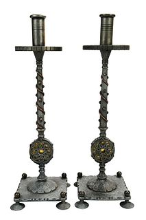 Pair of Oscar Bach Patinated Bronze Candlesticks 