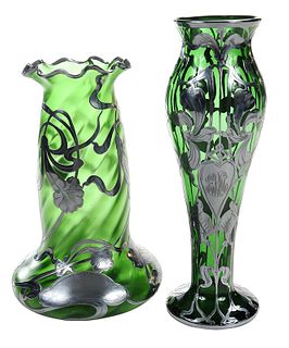 Two La Pierre Silver Overlay Green Glass Vases