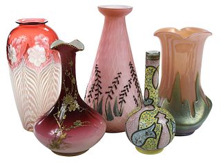 Five Art Glass Decorated Vases