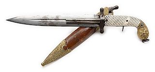 Very Ornate Two-Barrel Percussion Knife Pistol with Folding Triggers and Ornate Leather Sheath 