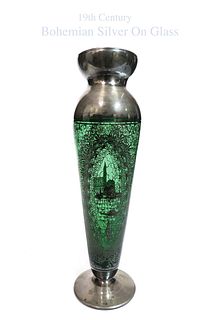 19th C. Bohemian Inlay Silver Emerald green glass vase