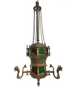 19th C. Moroccan Brass/Colored Glass Figural Chandelier