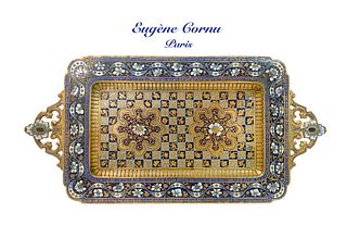 19th C French Gilt Bronze Champleve Enamel Tray, Signed