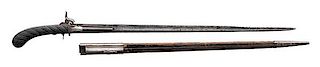 French Percussion Sword Pistol with Engraved Blade and Leather Scabbard 