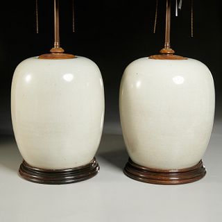 Pair Chinese pale celadon ginger jar lamps