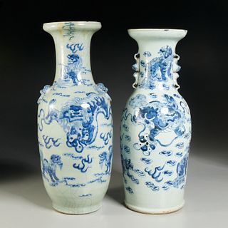 Near pair Chinese celadon and blue rouleau vases