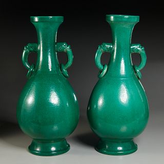 Pair large Chinese green glaze Yuhuchunping vases