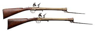 Rare Pair of English Brass Blunderbuss Flintlock Short Rifles by J & W Richards with Spring Bayonets, ca 1800 