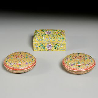 (3) Chinese famille jaune porcelain boxes