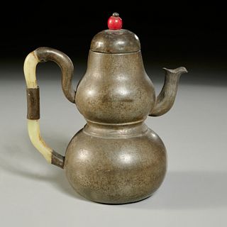 Chinese jade mounted pewter double gourd teapot