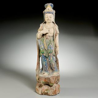 Chinese painted wood standing Guanyin