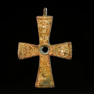 Byzantine enameled bronze cross pendant